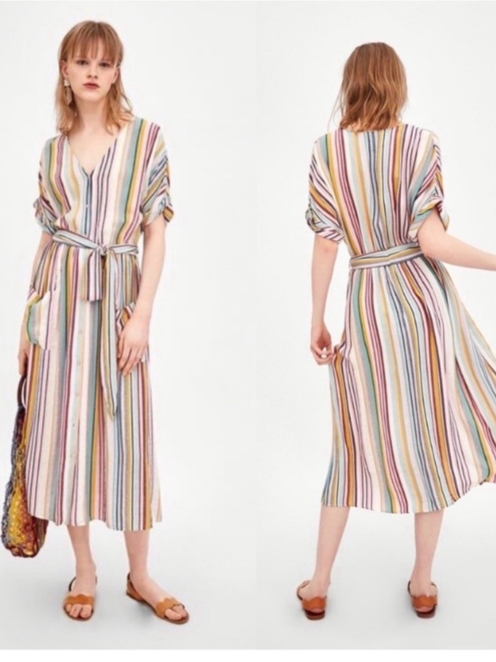 ZARA TRF Multicolor Rainbow Stripe Linen Summer Midi Dress Sz S 0211